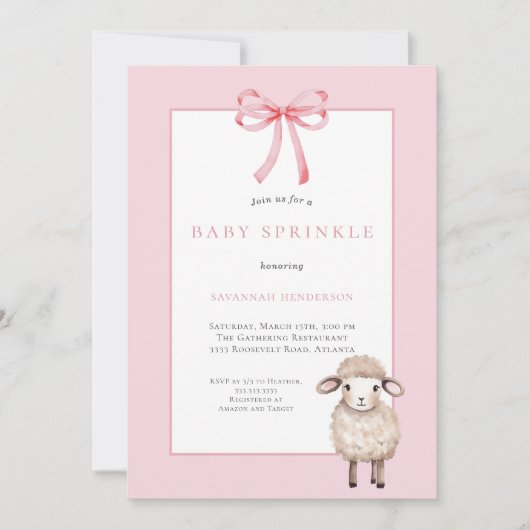 Invitation Pink Baby Sprinkle with Bow & Cute Lamb (Devant)