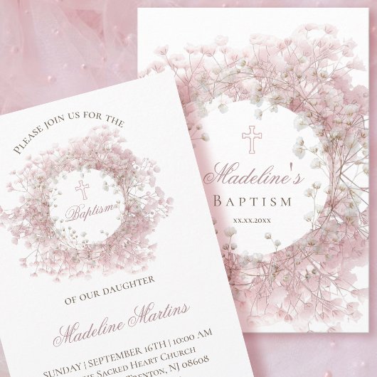 Invitation pink baby's breath flowers Baptism