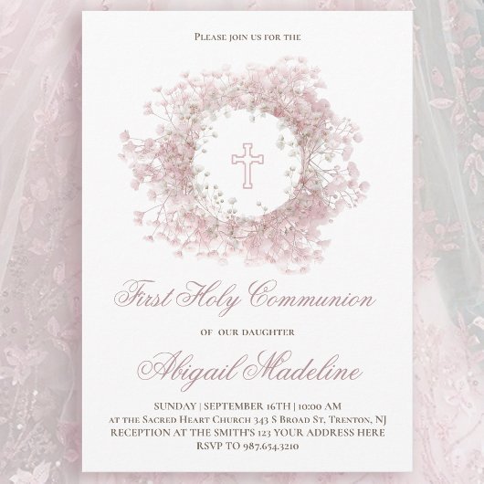 Invitation Pink Baby's Breath flowers First Holy Communion