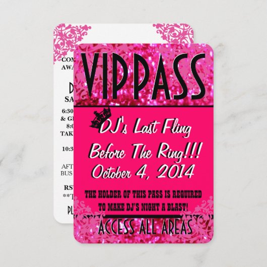 Invitation Pink Bacheloror Party VIP PASS (Devant / Derrière)