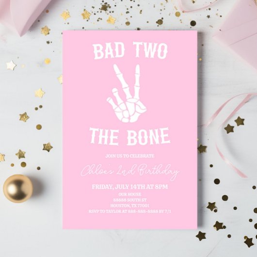 Invitation Pink Bad Two The Bone Skeleton 2e fête d'anniversa