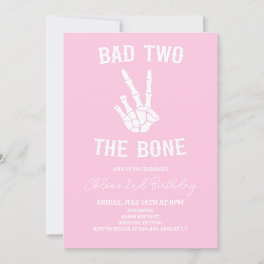 Invitation Pink Bad Two The Bone Skeleton 2e fête d'anniversa (Devant)