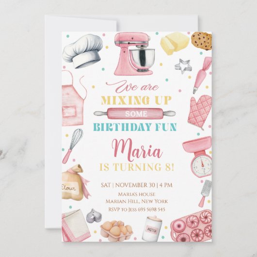 Invitation Pink Baking Girl Chef Cake Birthday (Devant)