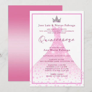 Invitation Pink Ball Gown & Tiara Quinceañera Anniversaire