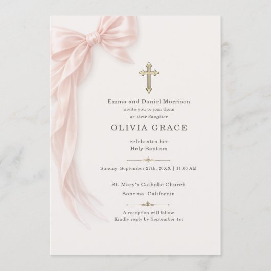 Invitation Pink Baptism Bow (Devant)