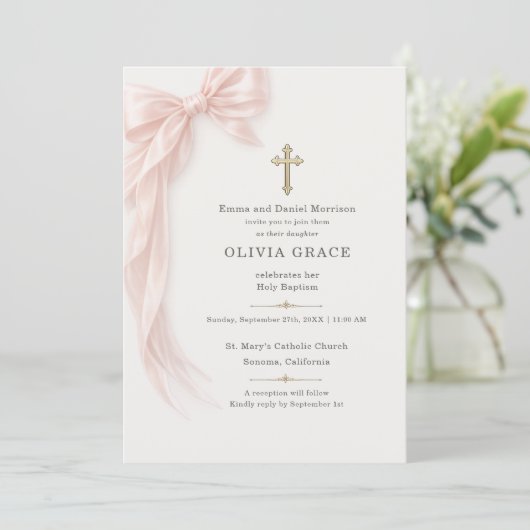 Invitation Pink Baptism Bow (Debout devant)