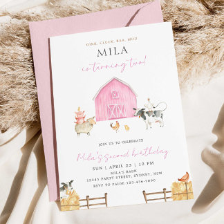 Invitation Pink Barn 2nd Birthday Party, Girl Farm B'day