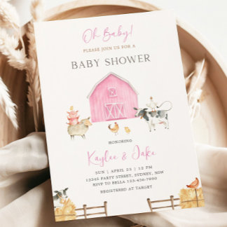 Invitation Pink Barn Farm Animals Oh Baby Girl Baby Shower