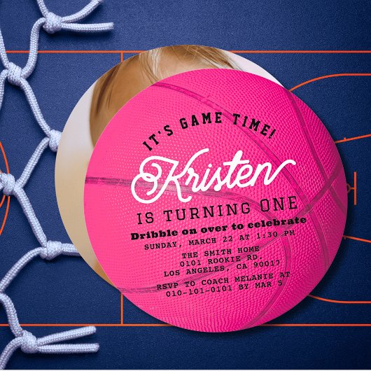 Invitation Pink Basketball Girl Photo 1st Birthday Circle