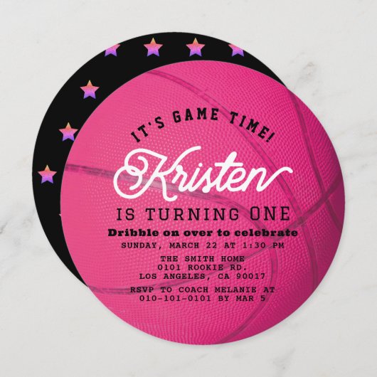 Invitation Pink Basketball Shape Girl 1st Birthday Circle (Devant / Derrière)