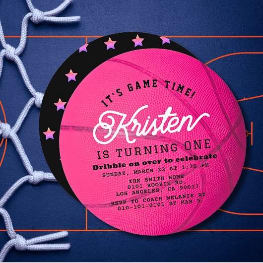 Invitation Pink Basketball Shape Girl 1st Birthday Circle