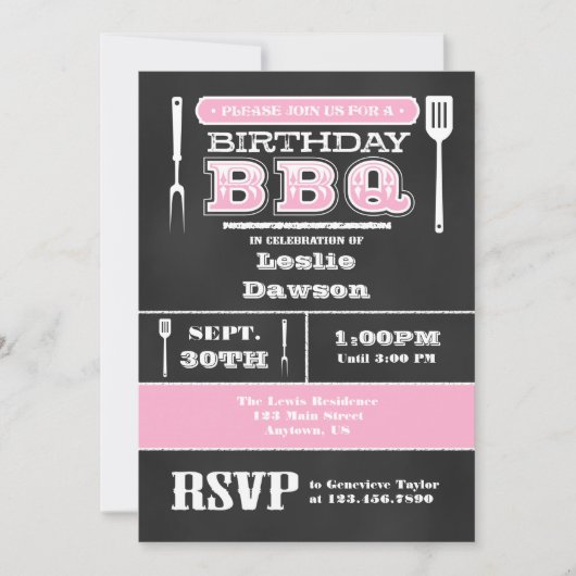 Invitation Pink BBQ Anniversaire Chalkboard (Devant)