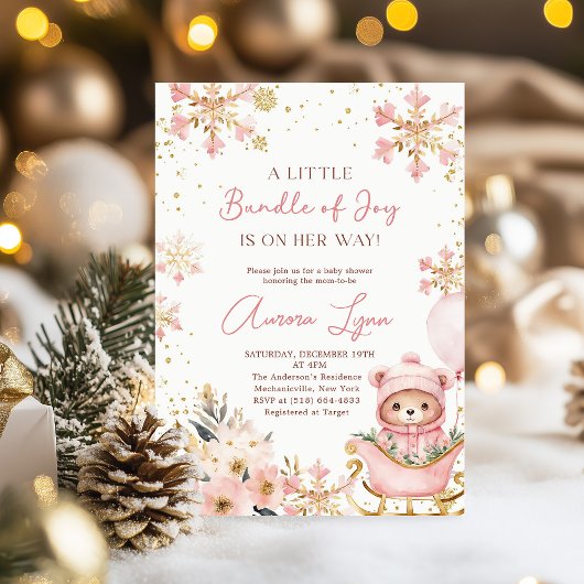 Invitation Pink Bear Noël Fille d'hiver Baby shower