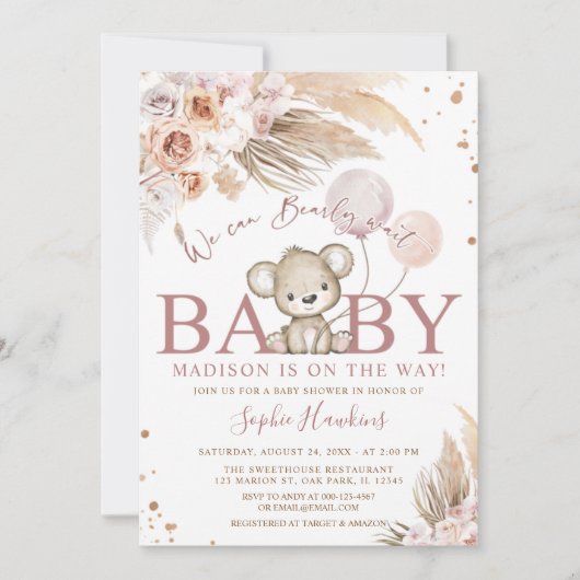 Invitation Pink Bearly Wait Boho Teddy Bear Girl Baby shower (Devant)