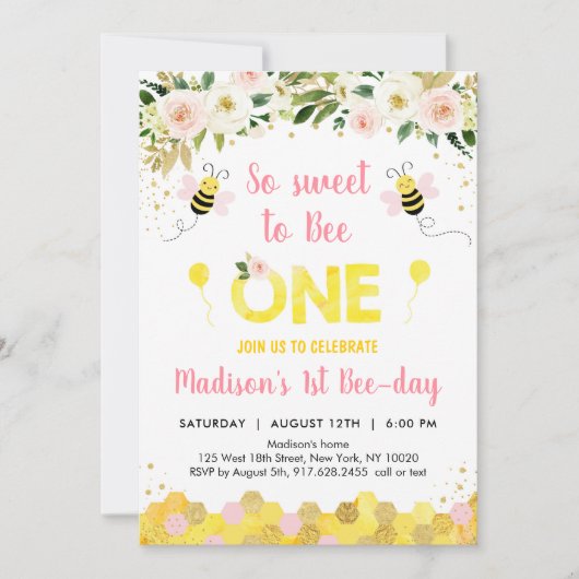 Invitation Pink bee First Birthday (Devant)