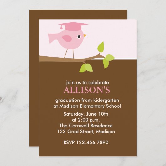 Invitation Pink Bird Girls Graduation Party (Devant / Derrière)