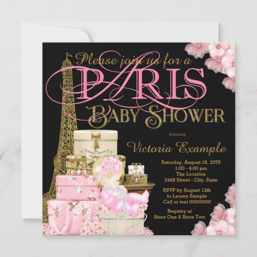 Invitation Pink Black and Gold Paris Blonde Girl Baby shower (Devant)