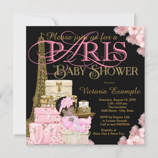 Invitation Pink Black and Gold Paris Ethnic Girl Baby shower (Devant)
