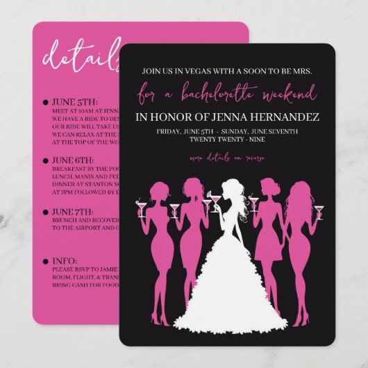 Invitation Pink & Black Bachelorette Party (Devant / Derrière)