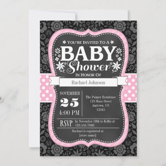 Invitation Pink Black Chalkboard Floral Baby shower Invitatio (Devant)