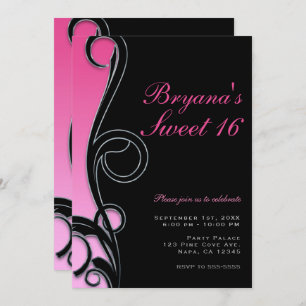 Invitation Pink & Black Chic Glam Swirl Sweet 16 Party