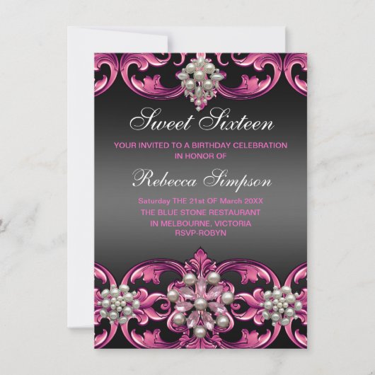 Invitation Pink/Black Damask & Pearl Sweet 16 Anniversaire In (Devant)