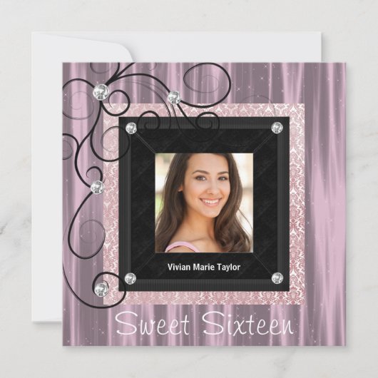 Invitation Pink Black Damask Photo Sweet 16 Party (Devant)