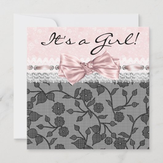 Invitation Pink Black dentelle rose Black Baby Girl Douche (Devant)