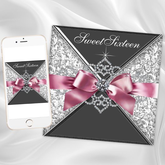 Invitation Pink Black Diamond Bow Sweet 16 Anniversaire
