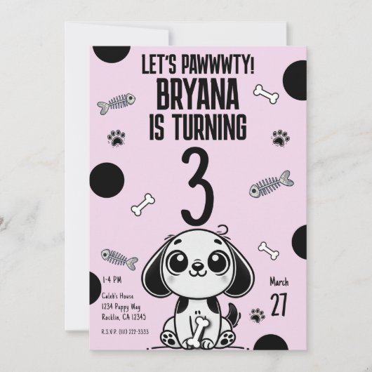 Invitation Pink & Black Fish Bones Chien Chien Chien Chien Ch (Devant)