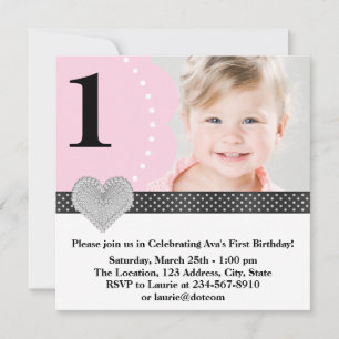 Invitation Pink Black Girl Photo 1st Birthday Party