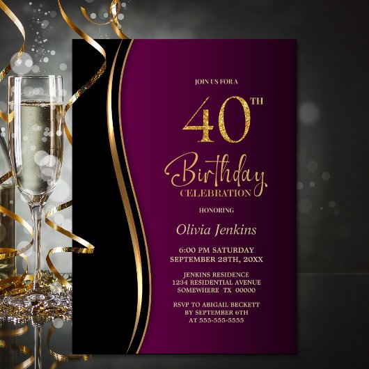 Invitation Pink Black Gold 40e fête d'anniversaire