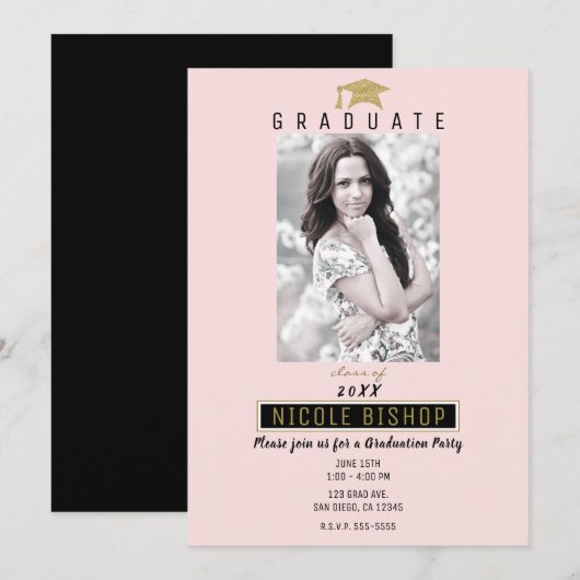 Invitation Pink Black Gold Graduate Photo Party (Devant / Derrière)