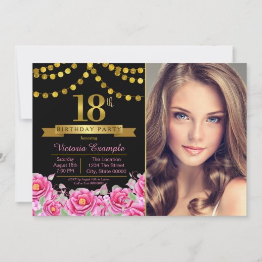 Invitation Pink Black Gold Moderne 18e fête d'anniversaire (Devant)