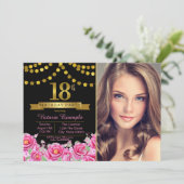 Invitation Pink Black Gold Moderne 18e fête d'anniversaire (Debout devant)