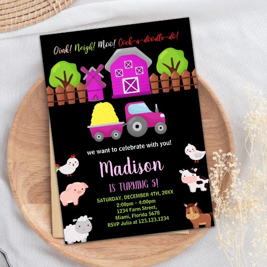 Invitation Pink Black Green Animaux de ferme Anniversaire Inv