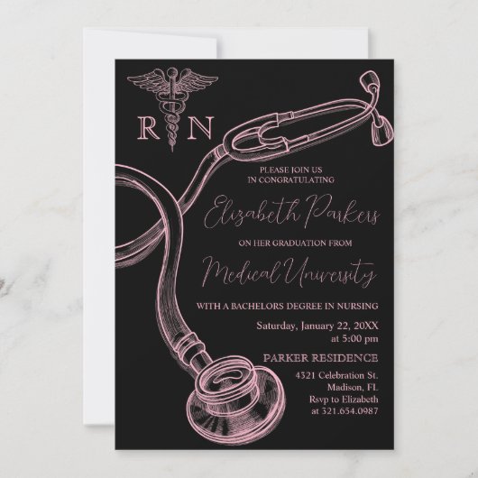Invitation Pink Black Nursing School Graduation Party (Devant)