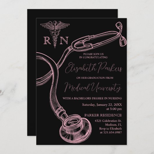 Invitation Pink Black Nursing School Graduation Party (Devant / Derrière)