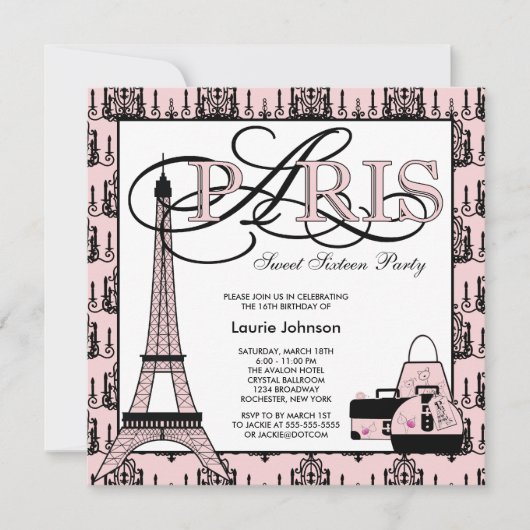 Invitation Pink Black Paris Sweet 16 Anniversaire (Devant)