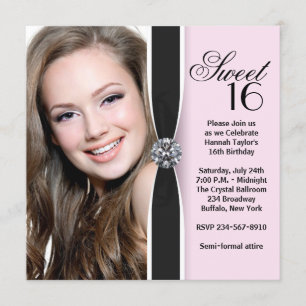 Invitation Pink Black Photo Sweet 16 Anniversaire