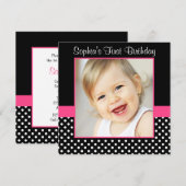 Invitation Pink Black Polka Dot Girl Photo 1er Anniversaire (Devant / Derrière)