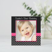 Invitation Pink Black Polka Dot Girl Photo 1er Anniversaire (Debout devant)