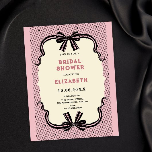 Invitation Pink black retro bow bridal shower