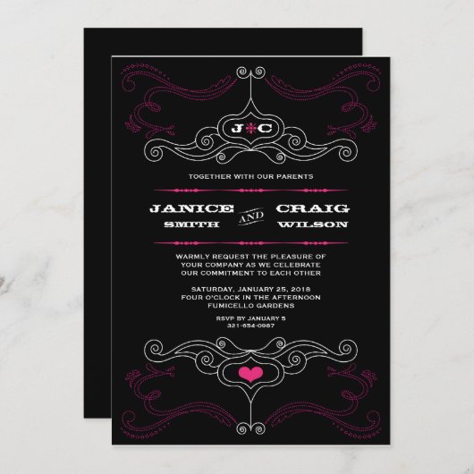 Invitation Pink & Black Rock 'n' Roll Music Mariage à thème (Devant / Derrière)