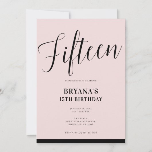Invitation Pink & Black Script minimal moderne Quinze 15 15e (Devant)