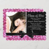 Invitation Pink/Black Sparkle-look Bow Photo Graduation Party (Devant / Derrière)