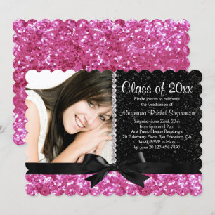 Invitation Pink/Black Sparkle-look Bow Photo Graduation Party
