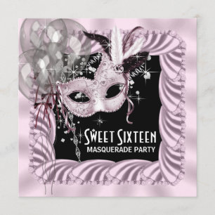Invitation Pink Black Sweet 16 Masquerade Party