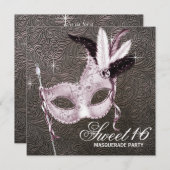 Invitation Pink Black Sweet 16 Masquerade Party (Devant / Derrière)