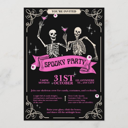 Invitation Pink & Black Vintage Retro Skeleton Wedding (Devant)